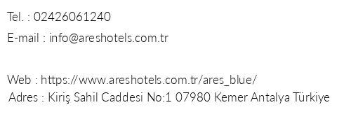 Ares Blue Hotel telefon numaralar, faks, e-mail, posta adresi ve iletiim bilgileri